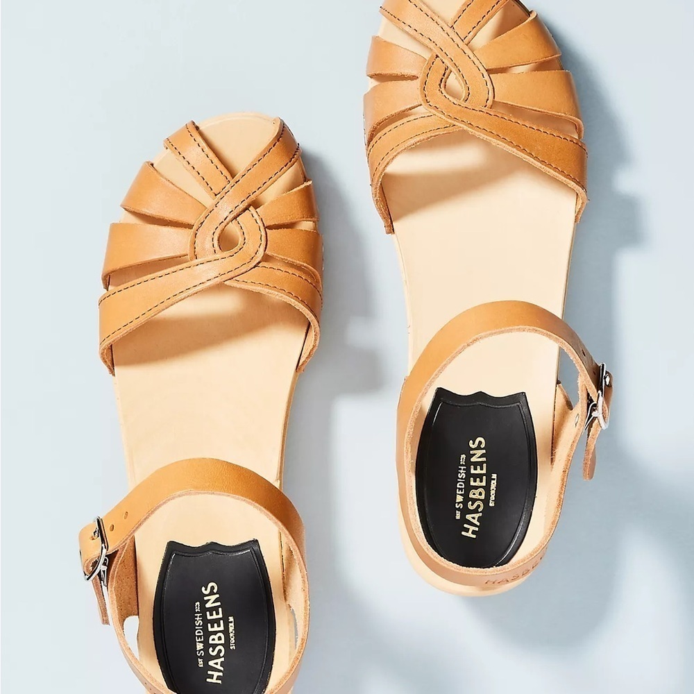 Swedish Hasbeens Tan Leather Braided Strap Mules